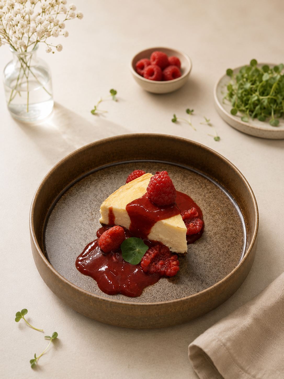 Jemný vanilkový cheesecake s jahodovým coulis a mikrobylinkami Pink Greens